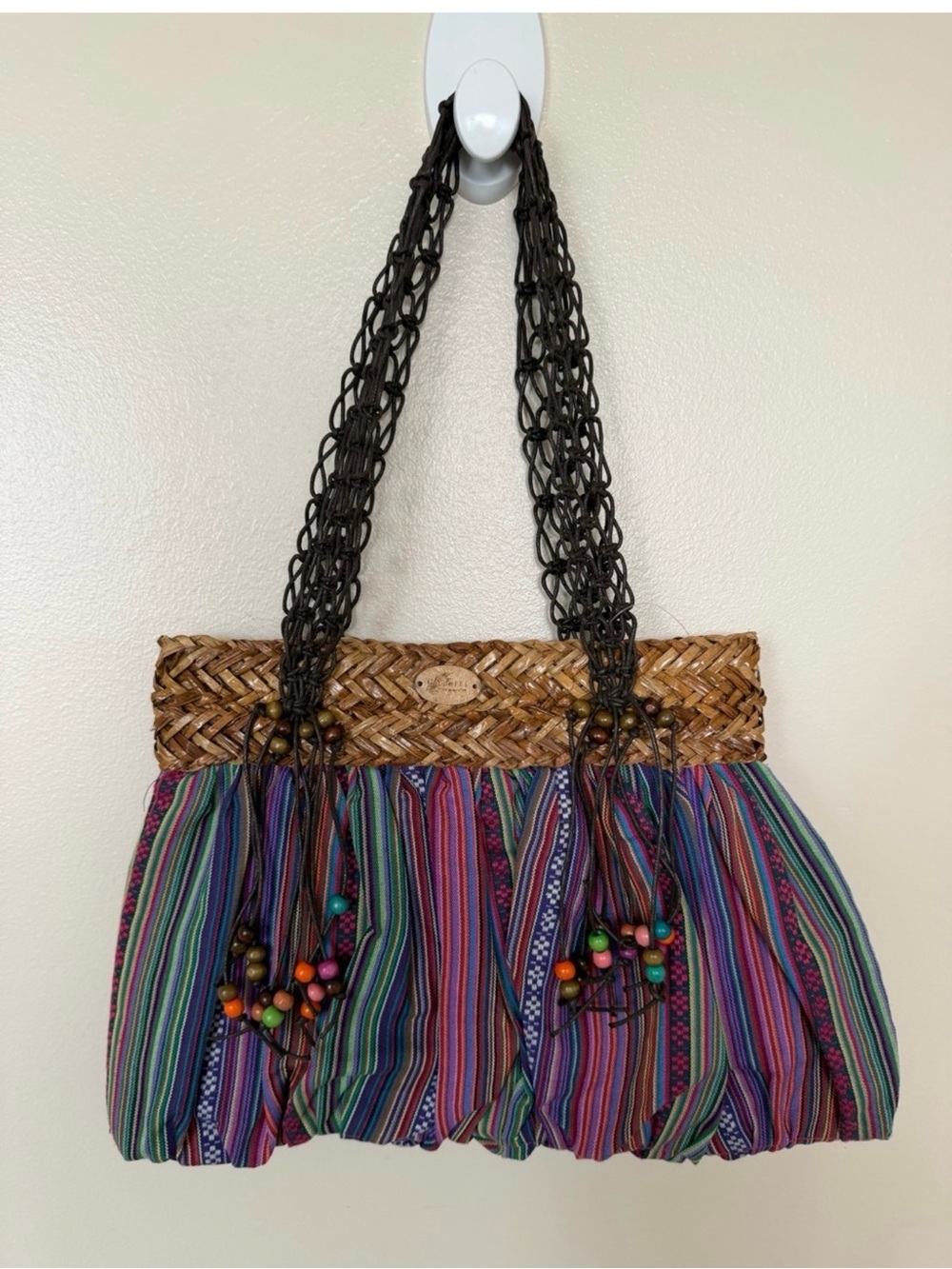 New CAPPELLI STRAWORLD Hand Made Rainbow Stripe hanging beads boho Shoulder Bag